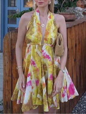 Halter Tie-Dye Mini Dress in Yellow and Pink